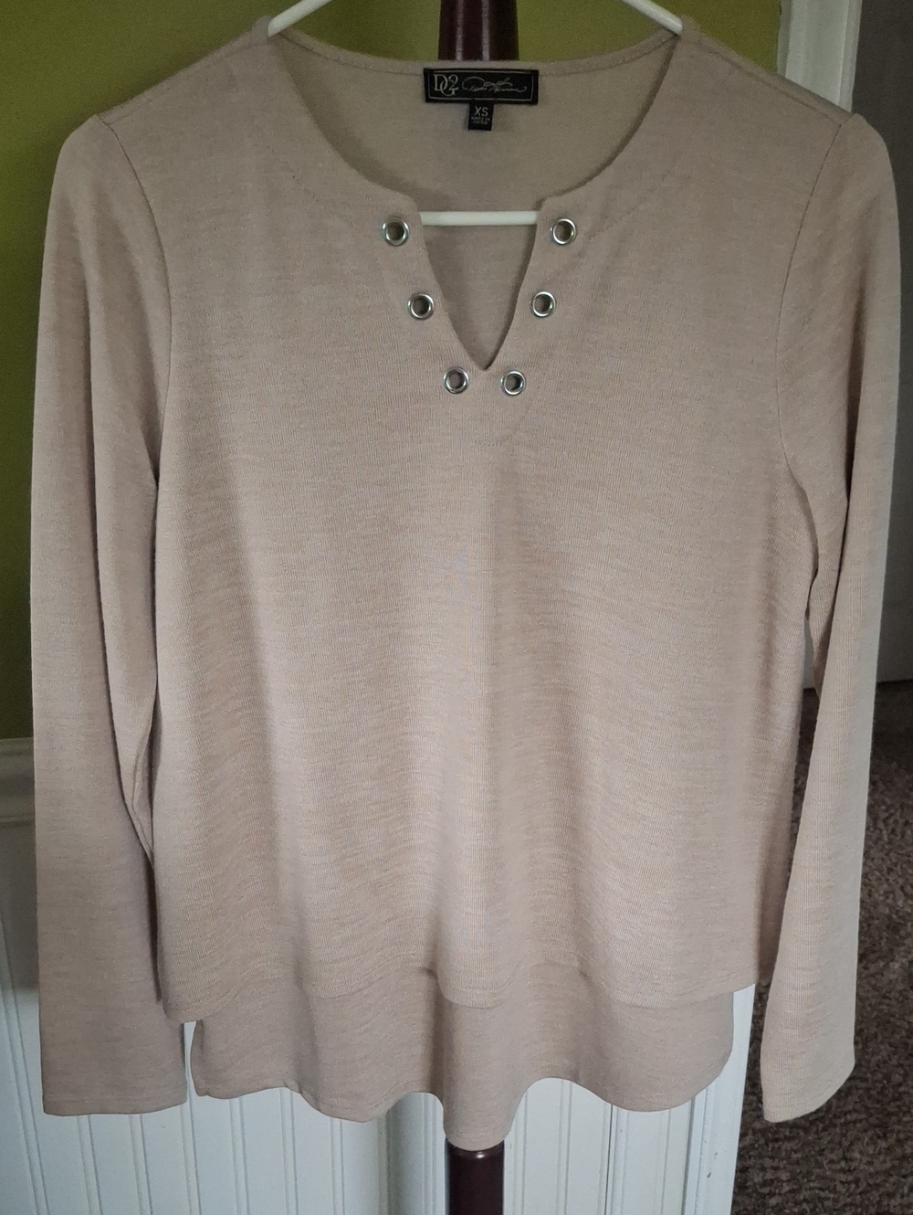 DG2 by Diane Gilman Light Cream Long-Sleeve Top with Silver Eyelets